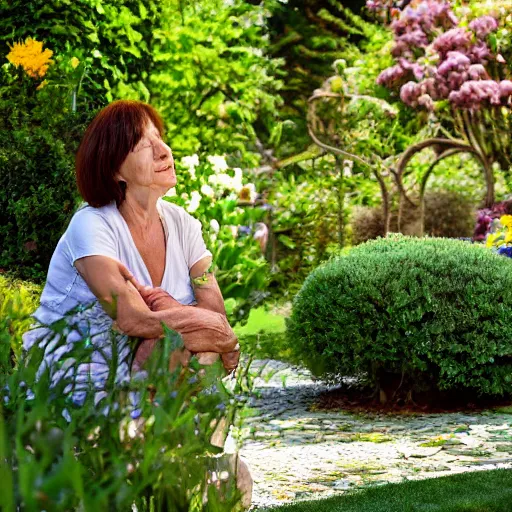 Image similar to mom in a mansion garden, 8 k, high resolution, sun,