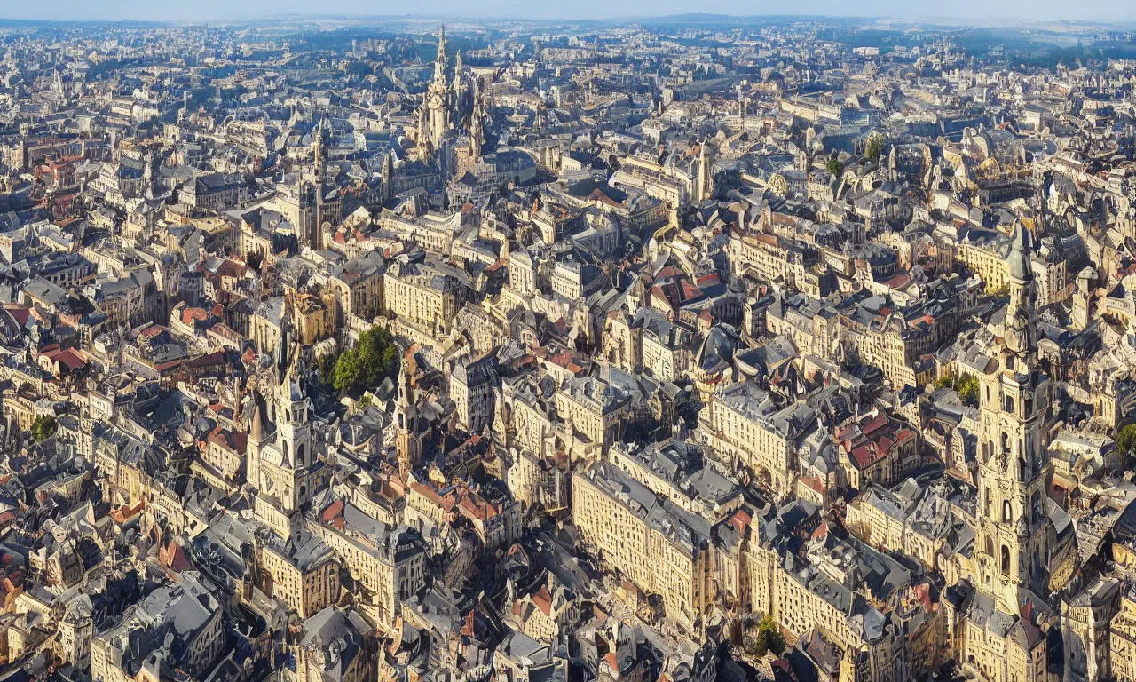 Image similar to highly detailed, intricate stunning image of an ornate baroque city landscape poking through the clouds into the bright blue sky : : 6, looking down from a balcony high up a tower : : 1 0, surrounded by higer baroque castle towers