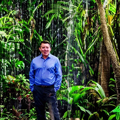 Image similar to 4 k hdr full body wide angle sony portrait of ron desantis in a tropical bali jungle shower with moody stormy overcast lighting