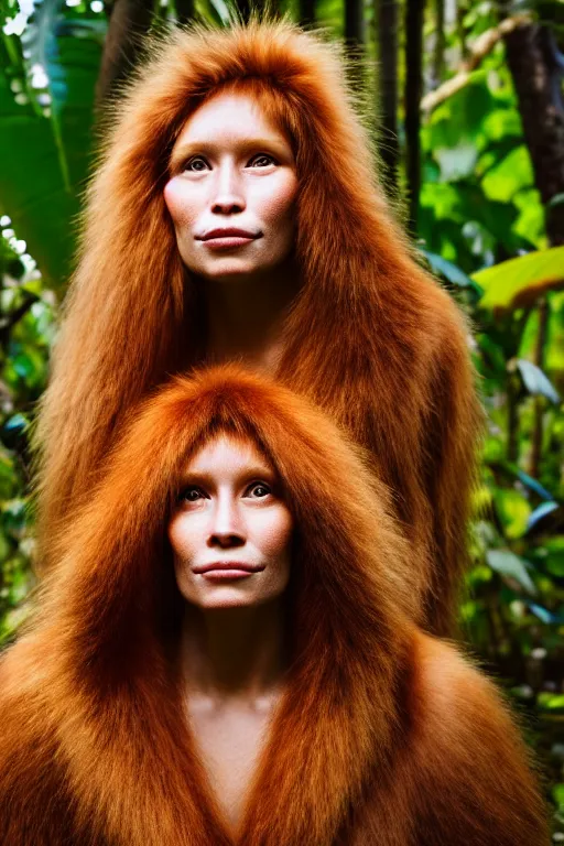 Image similar to a professional portrait photo of a neanderthal woman in the tropical jungles, ginger hair and fur, extremely high fidelity, natural lighting, national geographic magazine cover.