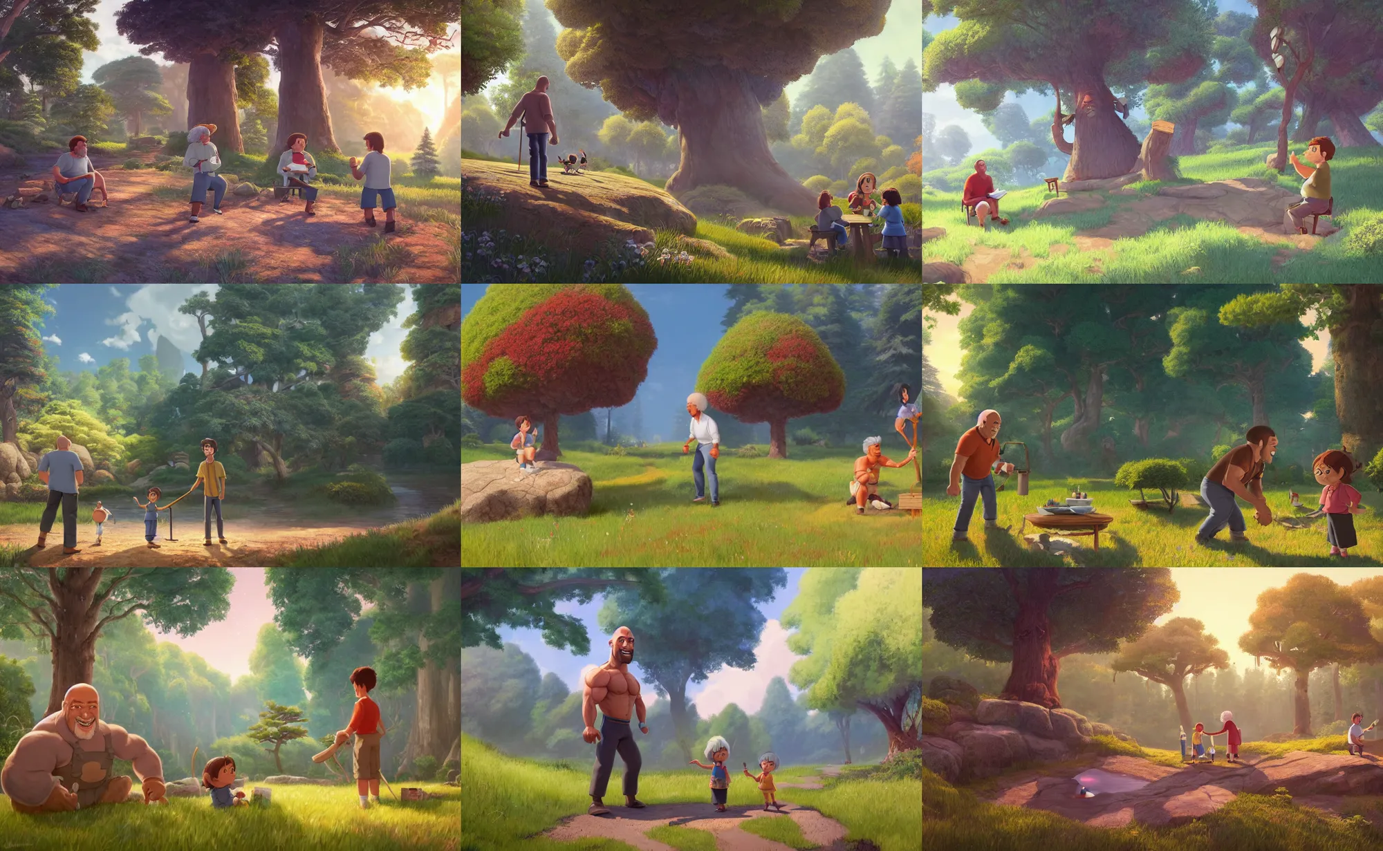 Prompt: a wholesome cottagecore illustration of a happy cartoon Dwayne The Tock Johnson painting trees with Bob Ross in the local park, studio Ghibli, Pixar and Disney animation, sharp, Rendered in Redshift and Unreal Engine 5 by Greg Rutkowski, Bloom, dramatic lighting