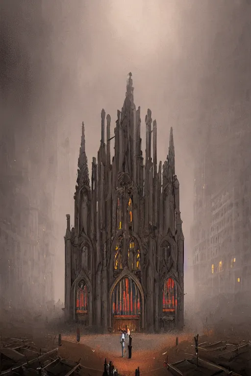 Prompt: illustration of close - up street view of gothic pipe organ, night, smoke, ground fog, by peter mohrbacher, by alex andreev, by jacek yerka, large depth of field, super detailed, digital art, trending on artstation, minimalism