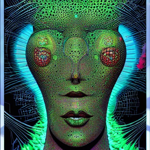 Prompt: sleek highly evolved biomechanical nubile borg queen hybrid dotted with small fractal lichens being possessed by the machine spirit, artists mœbius and philippe caza with beryl cook and jack kirby, high contrast cinematic light, mystical shadows, sharp focus, octane render