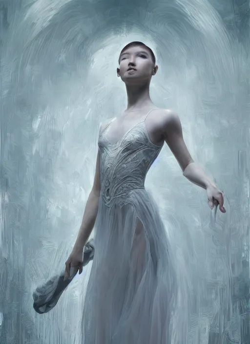 Prompt: portrait of a ballerina in a long flowing gown. intricate abstract. intricate artwork. by tooth wu, wlop, beeple, dan mumford. trending on artstation, greg rutkowski very coherent symmetrical artwork. cinematic, hyper realism, high detail, octane render, 8 k, iridescent accents