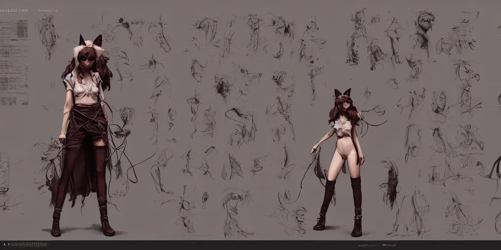 Image similar to wanderer cat girl, character sheet, concept design, contrast, hot toys, kim jung gi, greg rutkowski, zabrocki, karlkka, jayison devadas, trending on artstation, 8 k, ultra wide angle, pincushion lens effect