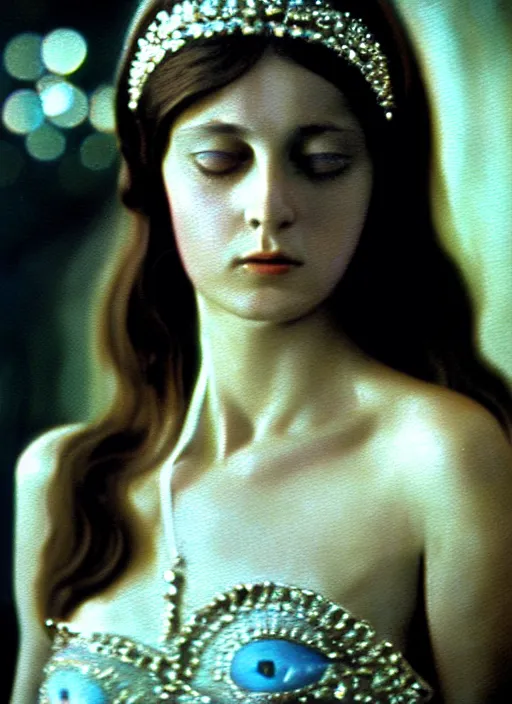 Image similar to 1971 film still from an Italian drama film of a young French actress as the goddess of razor blades. ultra detailed painting at 16K resolution and amazingly epic visuals. epically beautiful image. amazing effect, image looks gorgeously crisp as far as it's visual fidelity goes, absolutely outstanding. vivid clarity. ultra. iridescent. mind-breaking. mega-beautiful pencil shadowing. beautiful face. Ultra High Definition. godly shading. amazingly crisp sharpness. photorealistic film cel processed twice..