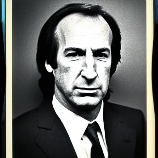 Image similar to Mugshot Portrait of Saul Goodman, taken in the 1970s, photo taken on a 1970s polaroid camera, grainy, real life, hyperrealistic, ultra realistic, realistic, highly detailed, epic, HD quality, 8k resolution, body and headshot, film still, front facing, front view, headshot and bodyshot, detailed face, very detailed face