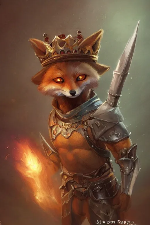 Image similar to cute little anthropomorphic foxy knight wearing a cape and a crown, tiny, small, miniature fox, baby animal, short, pale blue armor, cute and adorable, pretty, beautiful, DnD character art portrait, matte fantasy painting, DeviantArt Artstation, by Jason Felix by Steve Argyle by Tyler Jacobson by Peter Mohrbacher, cinematic lighting