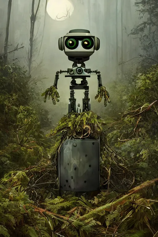 Prompt: A sad robot reclaimed by vegetation in a post-apocalyptic world by Eugeniusz Zak and Taro Okamoto and Gal Barkan, trending on artstation, high quality printing, fine art with subtle redshift rendering,