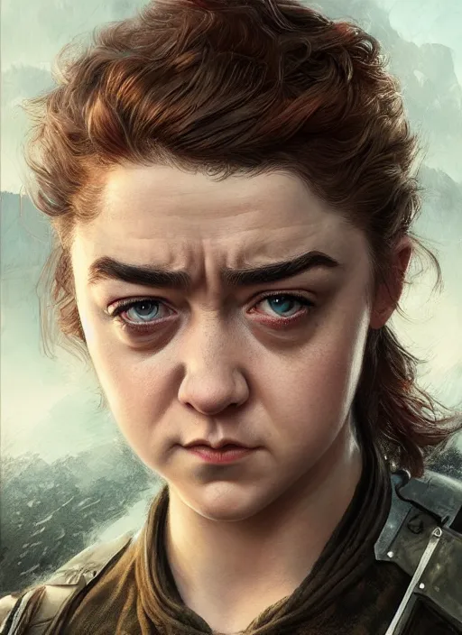 Prompt: angry Maisie Williams leading the charge as a ruggedly muscled handsome heroine, intricate, elegant, highly detailed, centered, digital painting, artstation, concept art, smooth, sharp focus, illustration, artgerm, donato giancola, Joseph Christian Leyendecker, WLOP, Artgerm