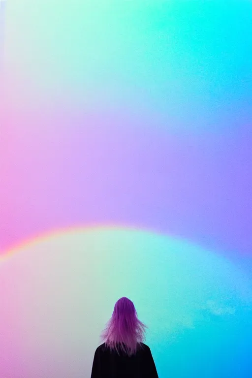 Image similar to high quality pastel coloured film photograph of a model wearing black clothing resting on cloud furniture clouds in a haze filled dreamstate world. three point light, rainbow. photographic production. art directed. pastel colours. volumetric clouds. pastel gradient overlay. waves glitch artefacts. 8 k. filmic.