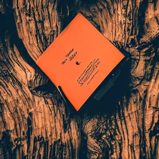 Image similar to award winning photography of a creepy book, creepy forest background, burnt orange and navy hues, 40mm lens, shallow depth of field, split lighting