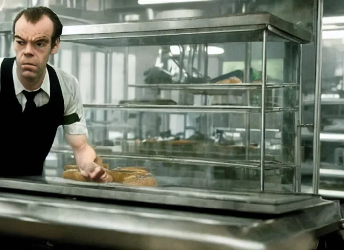 Prompt: film still of young hugo weaving as agent smith working in a bakery in the new matrix movie, 4 k