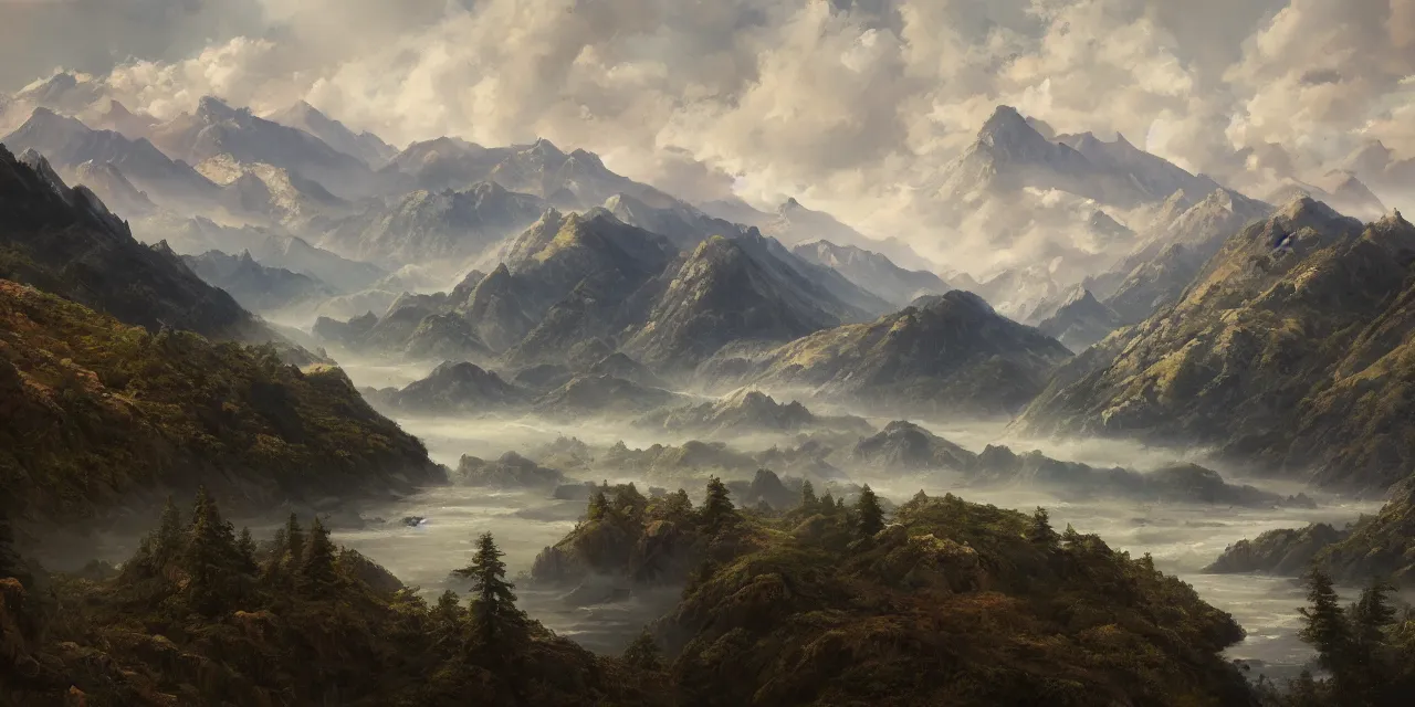 Prompt: a beautiful painting of a scene about a panorama of rivers and mountains, by yuumei and james jean, trending on artstation., ultrawide viewn and highly detailed matte painting