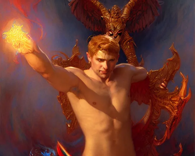 Image similar to attractive male deity, casting demonic magic, summoning handsome lucifer morning star. highly detailed painting by gaston bussiere, craig mullins, j. c. leyendecker 8 k