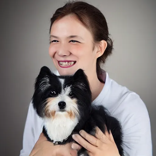 Image similar to studio portrait of a person with their pet dog that looks exactly like them, 8 k, ultra realistic