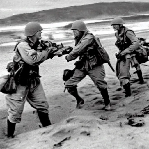 Prompt: Hank Hill storming Omaha Beach, epic, WWII, 1940s photo, cinematic, highly detailed, gritty,