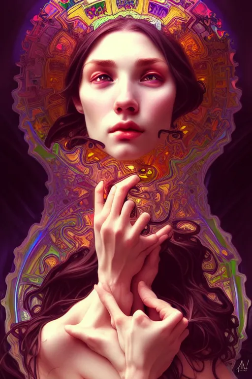 Prompt: overlord, psychedelic, portrait, highly detailed, deep focus, elegant, digital painting, smooth, sharp focus, illustration, ultra realistic, 8 k, art by artgerm and alphonse mucha