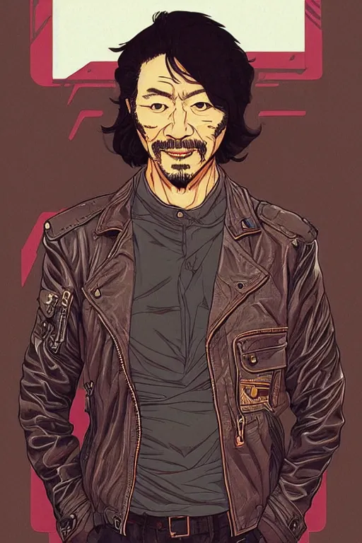 Prompt: 1 9 8 9 portrait of hiroyuki sanada in a leather jacket. highly detailed masterpiece art by josan gonzalez.