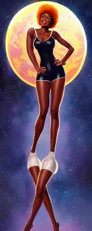 Image similar to full body shot of black woman in an astronaut suit with a celestial afro, pin-up style by Artgerm, realist, trending on artstation