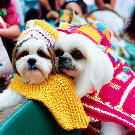 Prompt: a cream-colored Havanese and shih tzu wearing a knitted cinco de mayo ponchos and knitted hats at a fiesta in Mexico, Leica 35mm, 4K