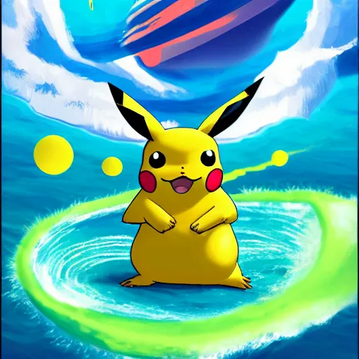 Image similar to pikachu surfing on a wave made of green slime, pokemon tcg image, trending on artstation