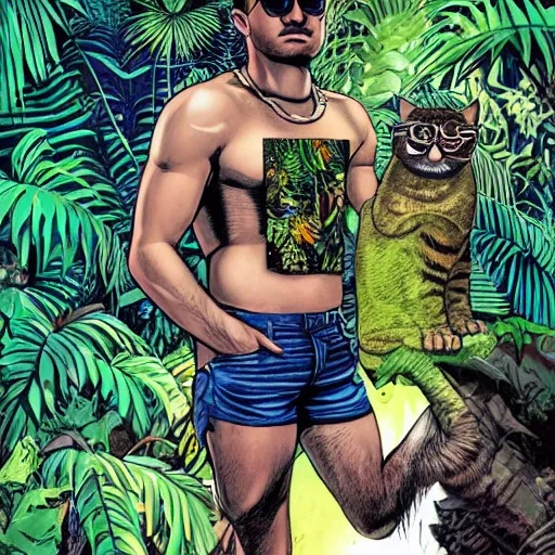 Prompt: Anthropomorphic cat wearing a t-shirt, shorts, and sunglasses, the background is lush jungle, detailed face, high contrast, dramatic lighting, graphic novel, art by Ardian Syaf and Michael Choi,