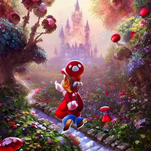 Image similar to portrait of Mario, running up a hill of exotic flowers in the Mushroom Kingdom, giant red and white spotted mushrooms, and roses, from behind, Castle in distance, birds in the sky, sunlight and rays of light shining through trees, beautiful, solarpunk!!!, highly detailed, digital painting by Michael Garmash and Peter Mohrbacher