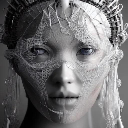 Image similar to closeup portrait of an absurdly beautiful, graceful, sophisticated, fashionable cyberpunk mechanoid gravure idol, ultrafine hyperdetailed illustration by irakli nadar, matt wisniewski style, marvel comics, intricate linework, porcelain skin, neon jellyfish headdress, ivory carved ruff, unreal engine 5 highly rendered, global illumination, radiant light, detailed and intricate environment