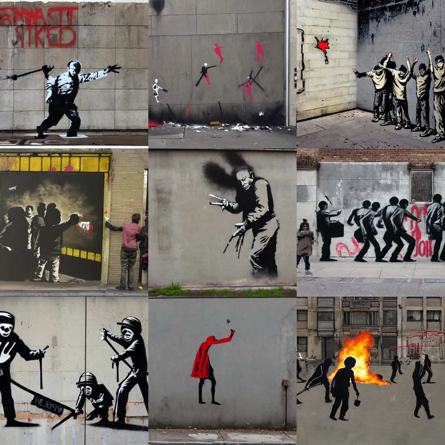 Prompt: artwork by Bansky showing street riots