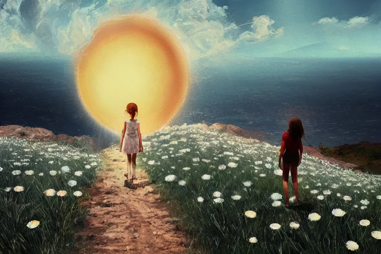 Image similar to giant white daisy flower head, girl walking on cliff, surreal photography, solar eclipse, milky way, dramatic light, impressionist painting, clouds, digital painting, artstation, simon stalenhag