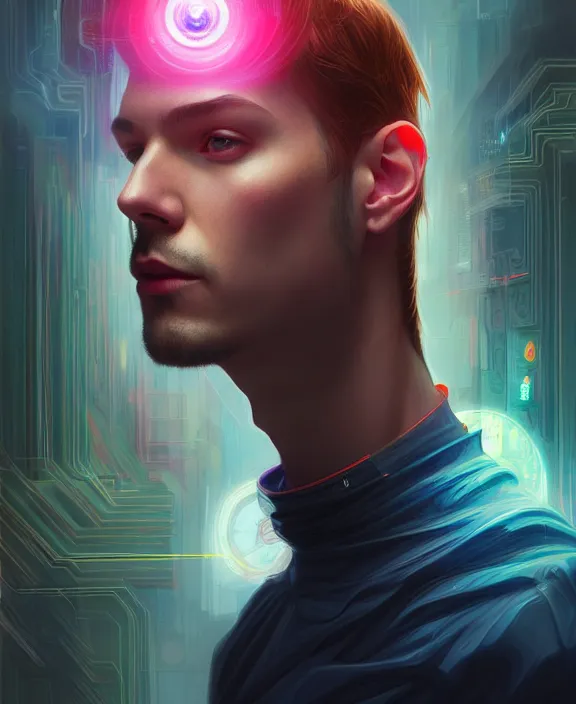 Image similar to a whirlwind inside the metaverse, guy, male, man, hologram, half body, neurochip, android, cyborg, cyberpunk face, by loish, d & d, fantasy, intricate, elegant, highly detailed, colorful, digital painting, artstation, concept art, art by artgerm and greg rutkowski and alphonse mucha