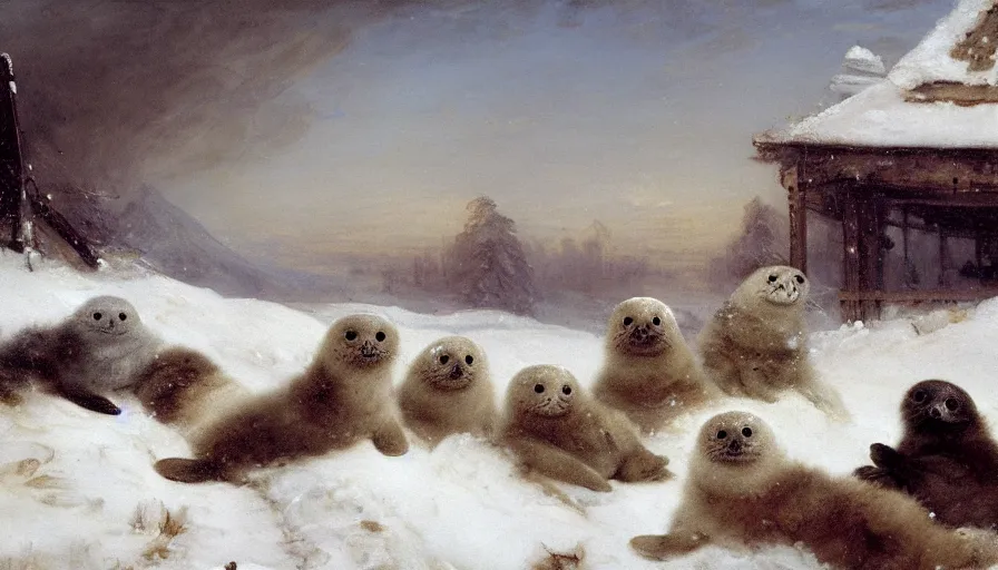 Image similar to highly detailed closeup painting of cute furry white baby seals inside a snowy playpark by william turner, by greg rutkowski, by william constable, thick brush strokes and visible paint layers, 4 k resolution