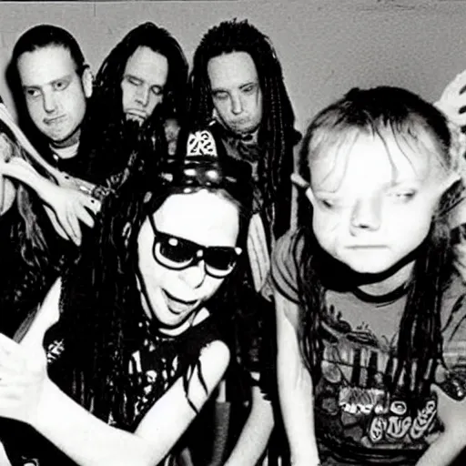 Prompt: Korn performing at Chuck E. Cheese circa 1998