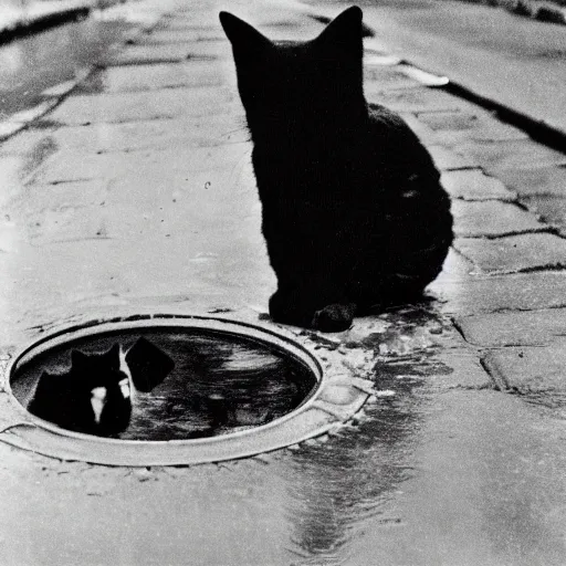 Image similar to wide-shot very low-angle eyesight first-person reflection of a cat in the puddle, polaroid photo, by Andy Warhol, signed