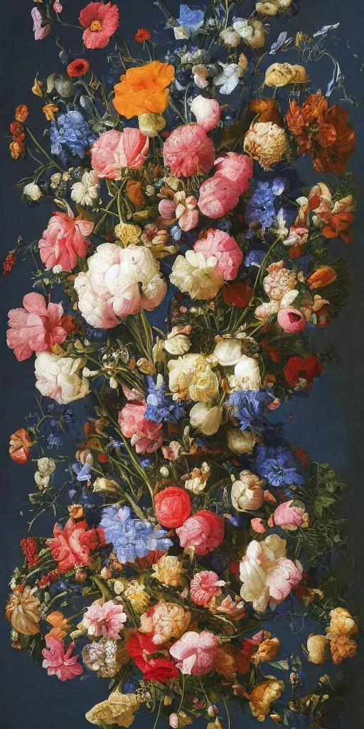 Image similar to a bouquet of flowers on a blue background, a flemish baroque by rachel ruysch, behance contest winner, ecological art, made of flowers, behance hd, flemish baroque