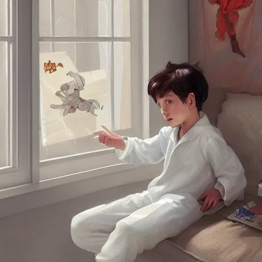 Prompt: young boy wearing white fabric pajama with cartoon paintings on it infront of the window in his room and staring outside. highly detailed, digital painting, artstation, concept art, smooth and sharp focus, cg by tian zi and wlop and alphonse mucha