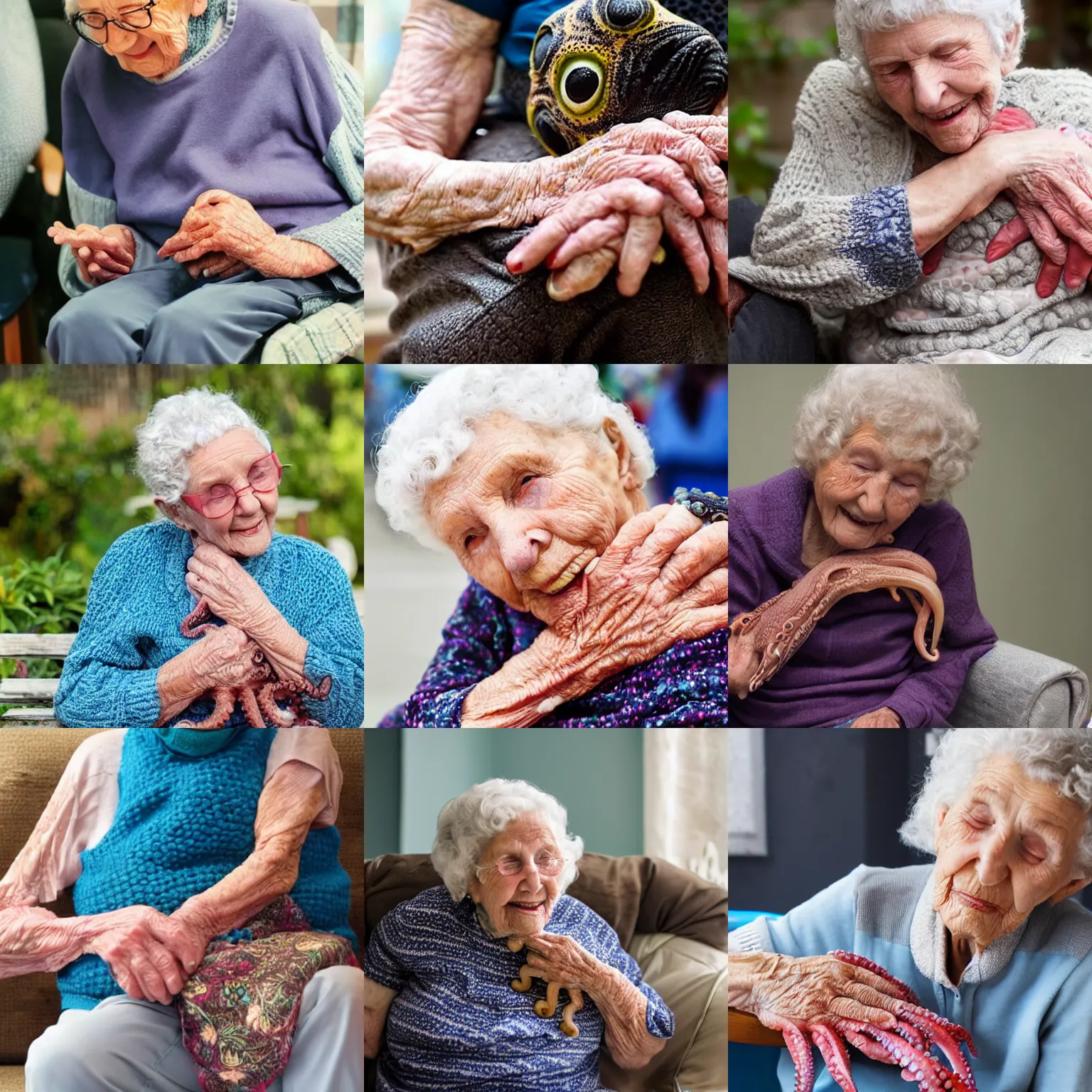 Prompt: an elderly woman affectionately petting an octopus that's nestled in her lap