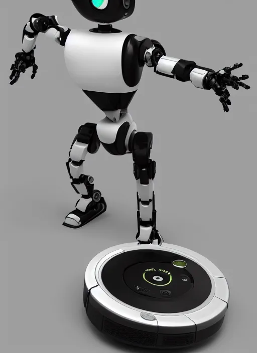 Image similar to A robot roomba standing on its own mechanical limbs, professional 3D render, studio quality, octane render