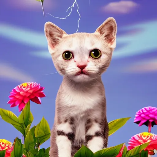 Image similar to very cute and tiny cat with one horn portrait, sitting on a Dahlia flower and flying on a pink cloud, sky background, pixar style, cinematic lightning