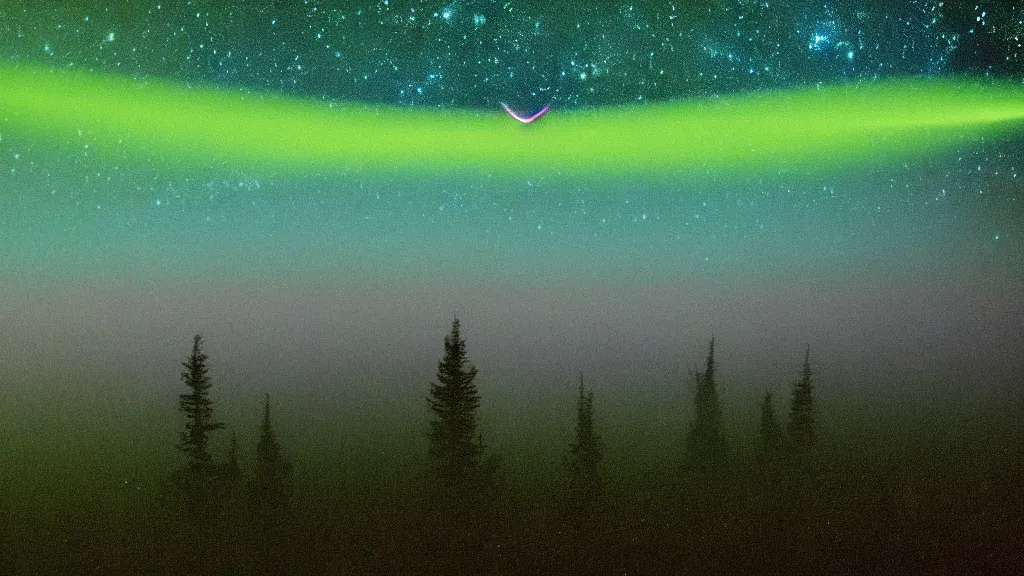 Prompt: night time visionary 8k vintage VHS of a nocturnal brocken spectre in the folded sky, filled with stars, starlight, moonlight, above the mystical green hill and forest, immanence, awe sublime, volumetric lighting