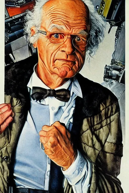 Image similar to dr emmet brown from back to the future painted by norman rockwell