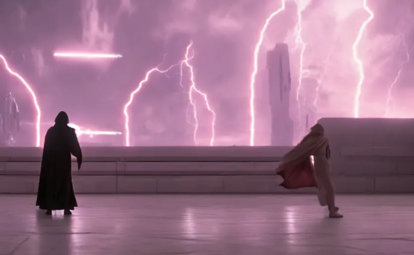 Image similar to iconic wide cinematic screen shot of luke skywalker dueling with a white robed female sith lord, standing with a view of coruscant at sunset, from the thrilling scene from the hbo succession, moody cinematography, foggy pink volumetric lighting, hyper detailed scene, anamorphic lenses 2 4 mm, lens flare, award winning