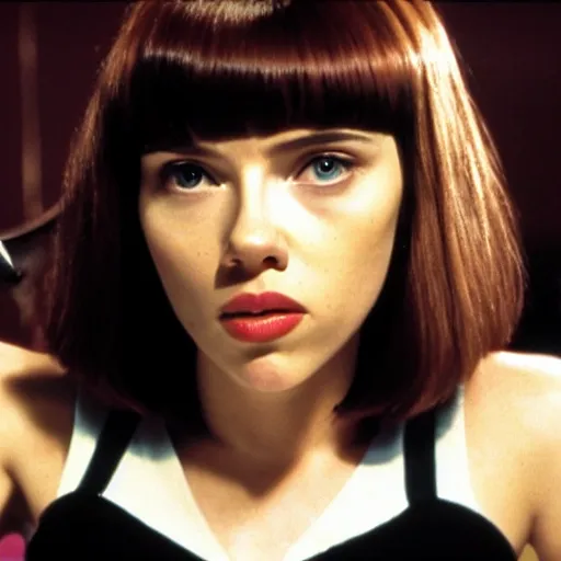 Image similar to Live Action Still of Scarlett Johansson in Pulp Fiction, real life, hyperrealistic, ultra realistic, realistic, highly detailed, epic, HD quality, 8k resolution, body and headshot, film still