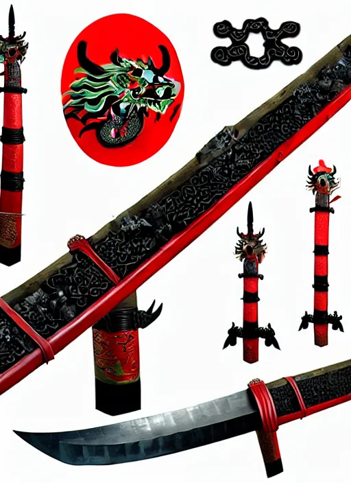 Prompt: an ancient chinese dragon sword, elf, warrior, mage, male, red and black, photoreal