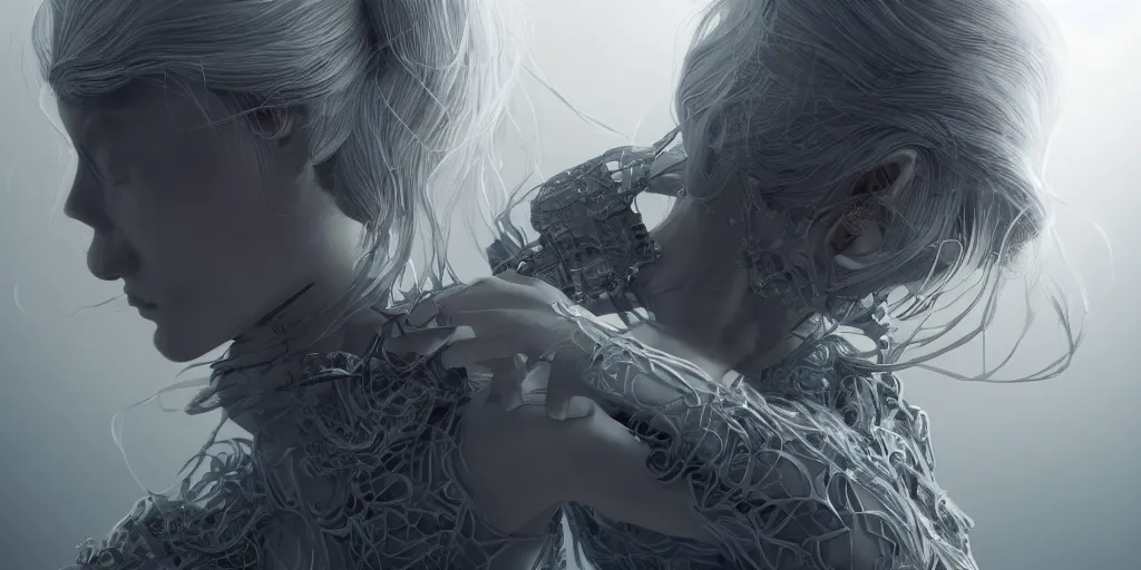 Image similar to hyperrealistic photography of a stunningly beautiful cyborg, intimate, holding close, in the style of beth cavener, jin kagetsu,, and wlop, highly detailed, intricate filigree,, masterpiece, award winning, sharp focus, concept art, ringflash lighting, ambient lighting, octane render, 8 k, artstation