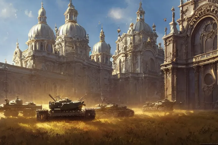 Image similar to an ornate baroque church with tank chains, scene in an open field. key visual, conceptart, ambient lighting, highly detailed, digital painting, artstation, concept art, sharp focus, by makoto shinkai and akihiko yoshida and greg manchess