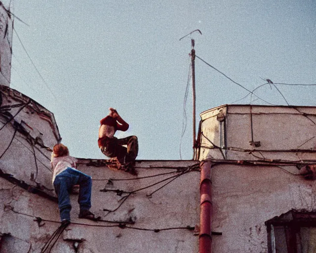 Image similar to lomo photo of roofjumpers climbing on roof of soviet hrushevka, small town, cinestill, bokeh, out of focus