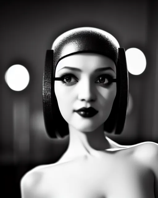 Image similar to black and white dreamy young beautiful female artificial intelligence, metropolis, cinematic, rim light, bokeh, photo - realistic, elegant, high detail, 8 k, masterpiece, photo taken in 1 9 3 0