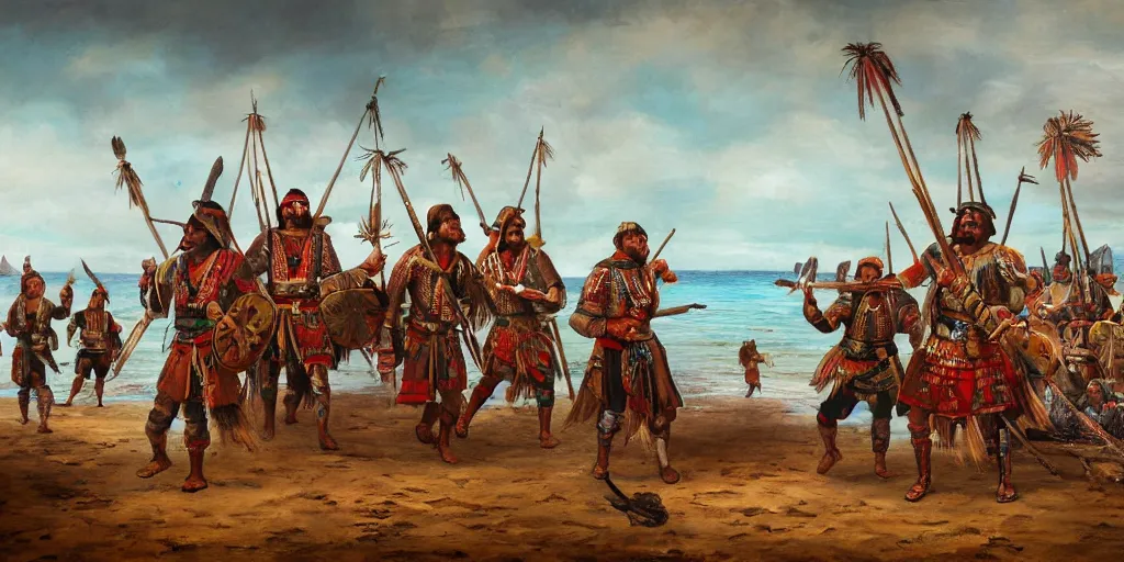 Prompt: highly detailed spanish conquerors in 1 4 9 0 filled with spanish ships on the shore of the beach, ecuadorian amazon, man walking, indians in traditional wear, surreal, beautiful, hyper realistic, trending on artstation, 8 k, hd